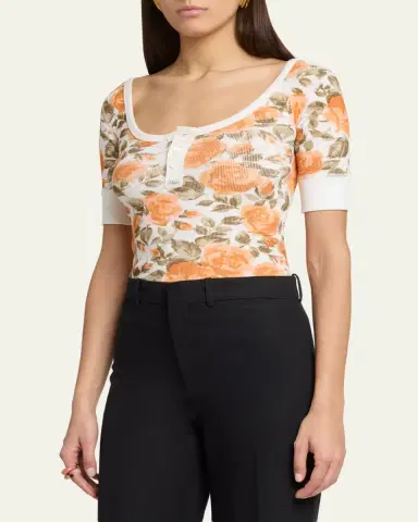 Chloé Floral Rib Short-Sleeve Henley Top | Thumbnail 9 Chloé Floral Rib Short-Sleeve Henley Top | Thumbnail 9