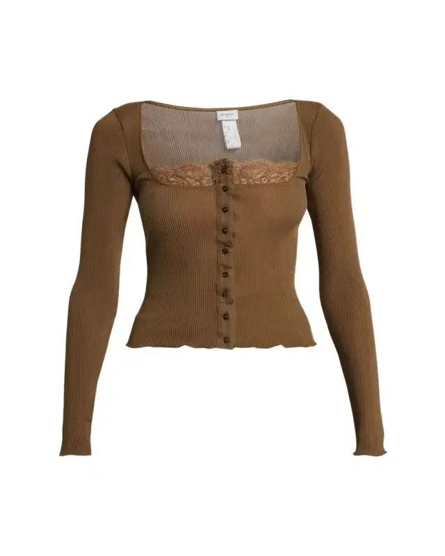 Lace-Trim Button-Front Silk Rib Long-Sleeve Top Lace-Trim Button-Front Silk Rib Long-Sleeve Top