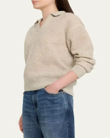 Brunello Cucinelli Shimmering Mohair Net Knit Polo Sweater | Thumbnail 4 Brunello Cucinelli Shimmering Mohair Net Knit Polo Sweater | Thumbnail 4