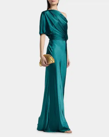 Amsale Draped Metallic Satin Faille One-Shoulder Gown | Thumbnail 2 Amsale Draped Metallic Satin Faille One-Shoulder Gown | Thumbnail 2