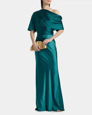 Amsale Draped Metallic Satin Faille One-Shoulder Gown | Thumbnail 4 Amsale Draped Metallic Satin Faille One-Shoulder Gown | Thumbnail 4