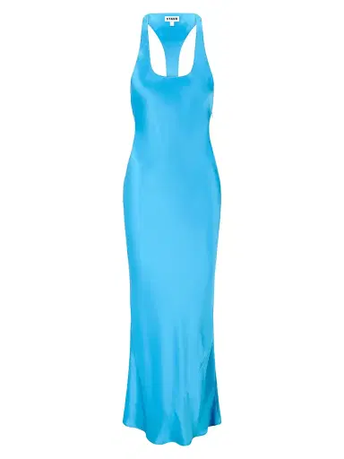 Staud Women's Juanita Racerback Bias Satin Maxi Dress - Pool - Size 12 | Thumbnail 1 Staud Women's Juanita Racerback Bias Satin Maxi Dress - Pool - Size 12 | Thumbnail 1