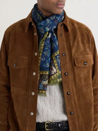 Drake's Fringed Printed Wool and Silk-Blend Scarf - Men | Thumbnail 2 Drake's Fringed Printed Wool and Silk-Blend Scarf - Men | Thumbnail 2