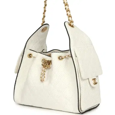 Chanel Chanel Small 25 Hobo Bag White Raffia and Black Calfskin Antique Gold Hardware | Thumbnail 5 Chanel Chanel Small 25 Hobo Bag White Raffia and Black Calfskin Antique Gold Hardware | Thumbnail 5