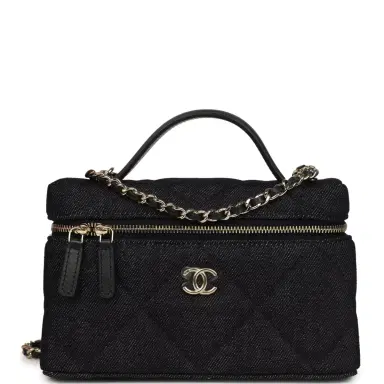 Chanel Chanel Top Handle Long Vanity Case with Chain Dark Blue Denim Light Gold Hardware | Thumbnail 1 Chanel Chanel Top Handle Long Vanity Case with Chain Dark Blue Denim Light Gold Hardware | Thumbnail 1
