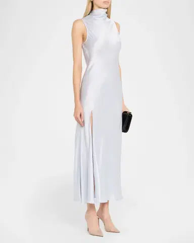 LAPOINTE Sleeveless Draped-Neck Satin Slit Midi Dress | Thumbnail 3 LAPOINTE Sleeveless Draped-Neck Satin Slit Midi Dress | Thumbnail 3