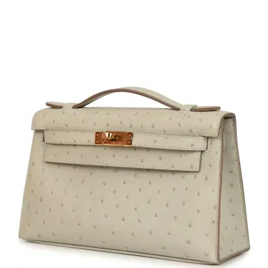 HERMÈS Hermes Kelly Pochette Gris Perle Ostrich Gold Hardware | Thumbnail 5 HERMÈS Hermes Kelly Pochette Gris Perle Ostrich Gold Hardware | Thumbnail 5