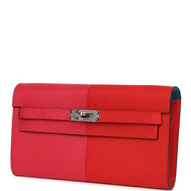 HERMÈS Hermes Kelly Wallet To Go Casaque Rouge De Coeur, Rose Extreme and Bleu Zanzibar Epsom Palladium Hardware | Thumbnail 5 HERMÈS Hermes Kelly Wallet To Go Casaque Rouge De Coeur, Rose Extreme and Bleu Zanzibar Epsom Palladium Hardware | Thumbnail 5