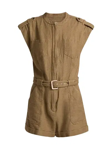 Simkhai Women's Tinka Linen-Blend Belted Romper - Tan - Size 8 | Thumbnail 1 Simkhai Women's Tinka Linen-Blend Belted Romper - Tan - Size 8 | Thumbnail 1