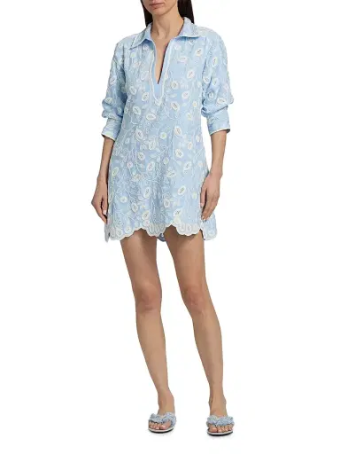 SIMKHAI Women's Freya Embroidered Linen-Blend Mini Dress - Tidepool Multi | Thumbnail 2 SIMKHAI Women's Freya Embroidered Linen-Blend Mini Dress - Tidepool Multi | Thumbnail 2