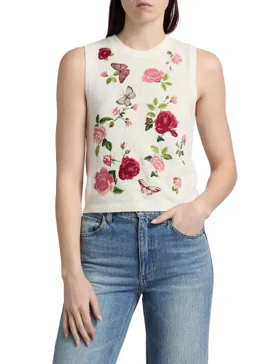 ALICE + OLIVIA Women's Reva Floral Shell Top - Garden Gossip Off White | Thumbnail 3 ALICE + OLIVIA Women's Reva Floral Shell Top - Garden Gossip Off White | Thumbnail 3