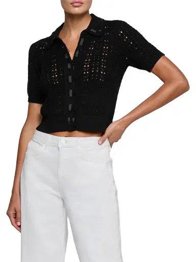 L'AGENCE Women's Ninette Grosgrain-Trim Pointelle Cardigan - Black | Thumbnail 3 L'AGENCE Women's Ninette Grosgrain-Trim Pointelle Cardigan - Black | Thumbnail 3