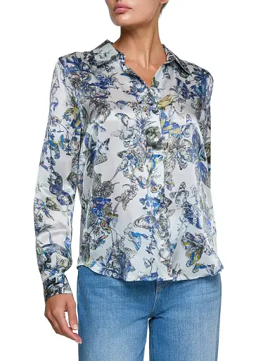 L'Agence Women's Tyler Watercolor Butterfly-Print Silk Blouse - Grey Watercolor Butterfly - Size XL | Thumbnail 1 L'Agence Women's Tyler Watercolor Butterfly-Print Silk Blouse - Grey Watercolor Butterfly - Size XL | Thumbnail 1