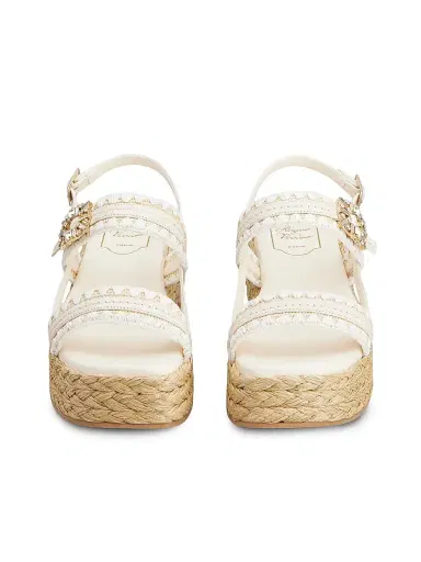 Roger Vivier Women's Summer Strass 60MM Leather & Raffia Espadrille Sandals - Bianco Cire - Size 11 | Thumbnail 2 Roger Vivier Women's Summer Strass 60MM Leather & Raffia Espadrille Sandals - Bianco Cire - Size 11 | Thumbnail 2