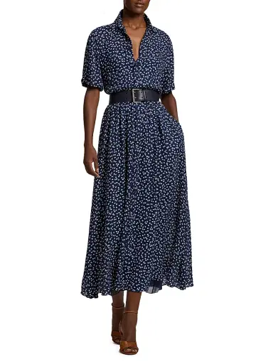 Ralph Lauren Collection Women's Sura Geometric Print A-Line Midi-Dress - Bright Navy Cream | Thumbnail 2 Ralph Lauren Collection Women's Sura Geometric Print A-Line Midi-Dress - Bright Navy Cream | Thumbnail 2