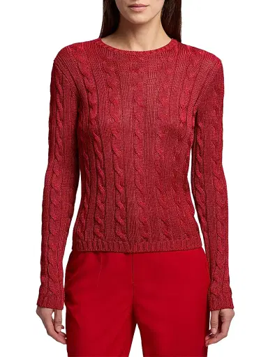 Ralph Lauren Collection Women's Cable-Knit Silk Crewneck Sweater - Bright Red | Thumbnail 3 Ralph Lauren Collection Women's Cable-Knit Silk Crewneck Sweater - Bright Red | Thumbnail 3
