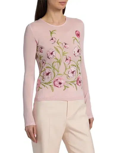 Giambattista Valli Women's Floral Embroidered Cashmere-Silk Top - Rose | Thumbnail 4 Giambattista Valli Women's Floral Embroidered Cashmere-Silk Top - Rose | Thumbnail 4