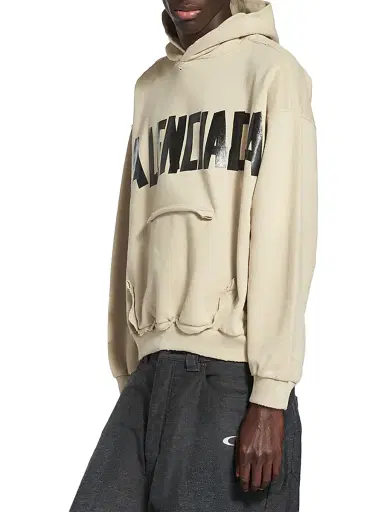 Balenciaga Men's Tape Type Ripped Pocket Hoodie - Beige | Thumbnail 2 Balenciaga Men's Tape Type Ripped Pocket Hoodie - Beige | Thumbnail 2