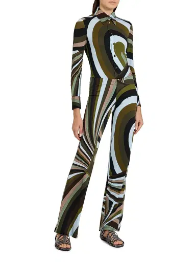 Pucci Women's L'Alba Camicia Abstract-Print Jersey Satin Shirt - Khaki Blue | Thumbnail 2 Pucci Women's L'Alba Camicia Abstract-Print Jersey Satin Shirt - Khaki Blue | Thumbnail 2
