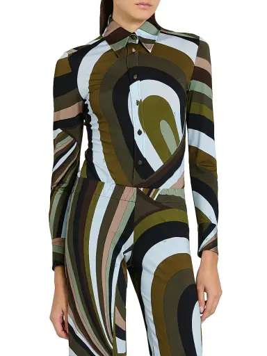 Pucci Women's L'Alba Camicia Abstract-Print Jersey Satin Shirt - Khaki Blue | Thumbnail 3 Pucci Women's L'Alba Camicia Abstract-Print Jersey Satin Shirt - Khaki Blue | Thumbnail 3