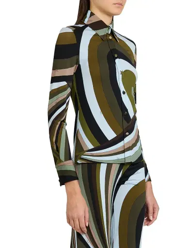 Pucci Women's L'Alba Camicia Abstract-Print Jersey Satin Shirt - Khaki Blue | Thumbnail 4 Pucci Women's L'Alba Camicia Abstract-Print Jersey Satin Shirt - Khaki Blue | Thumbnail 4