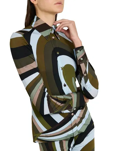 Pucci Women's L'Alba Camicia Abstract-Print Jersey Satin Shirt - Khaki Blue | Thumbnail 6 Pucci Women's L'Alba Camicia Abstract-Print Jersey Satin Shirt - Khaki Blue | Thumbnail 6