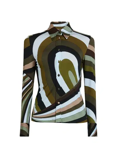 Pucci Women's L'Alba Camicia Abstract-Print Jersey Satin Shirt - Khaki Blue | Thumbnail 1 Pucci Women's L'Alba Camicia Abstract-Print Jersey Satin Shirt - Khaki Blue | Thumbnail 1