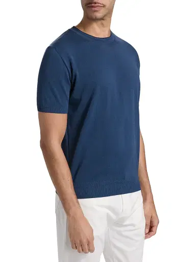 Canali Men's Contrast Tipped Knit Crewneck T-Shirt - Blue | Thumbnail 4 Canali Men's Contrast Tipped Knit Crewneck T-Shirt - Blue | Thumbnail 4