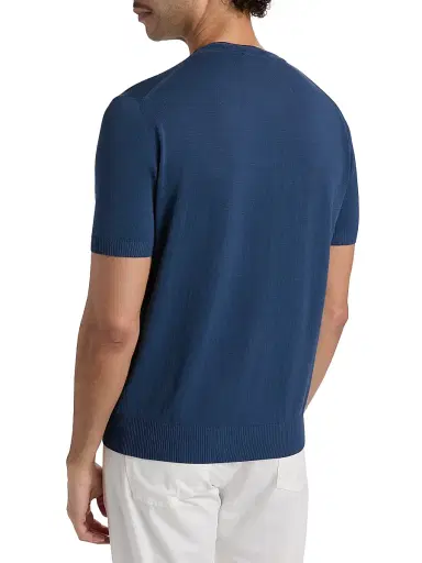Canali Men's Contrast Tipped Knit Crewneck T-Shirt - Blue | Thumbnail 5 Canali Men's Contrast Tipped Knit Crewneck T-Shirt - Blue | Thumbnail 5