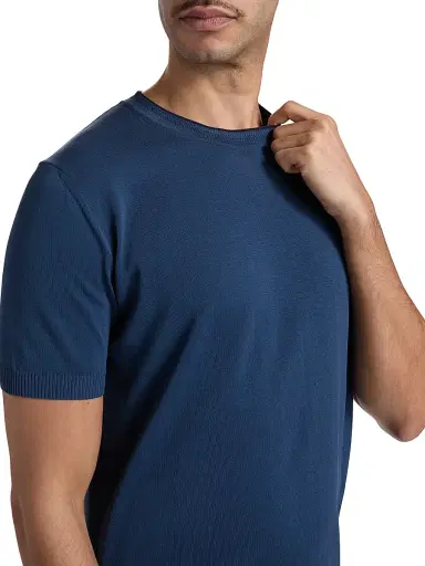 Canali Men's Contrast Tipped Knit Crewneck T-Shirt - Blue | Thumbnail 6 Canali Men's Contrast Tipped Knit Crewneck T-Shirt - Blue | Thumbnail 6