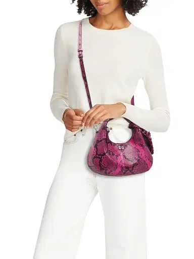 Ganni Women's Mini Snake-Embossed Hobo Bag - Raspberry Rose | Thumbnail 2 Ganni Women's Mini Snake-Embossed Hobo Bag - Raspberry Rose | Thumbnail 2