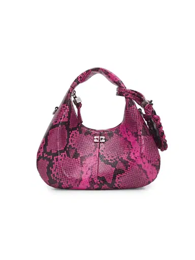 Ganni Women's Mini Snake-Embossed Hobo Bag - Raspberry Rose | Thumbnail 1 Ganni Women's Mini Snake-Embossed Hobo Bag - Raspberry Rose | Thumbnail 1