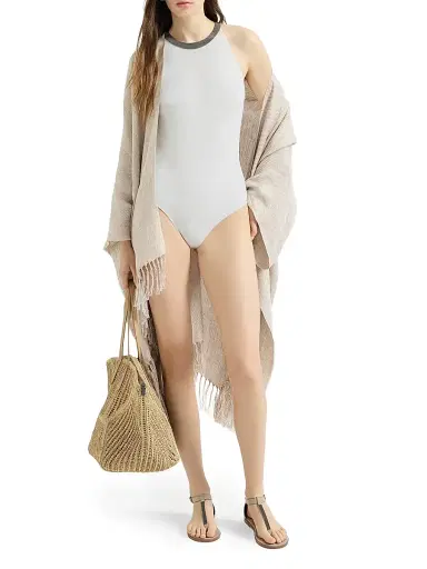 Brunello Cucinelli Women's Techno Jersey Bathing Suit with Precious Collar - White | Thumbnail 2 Brunello Cucinelli Women's Techno Jersey Bathing Suit with Precious Collar - White | Thumbnail 2