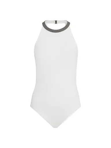 Brunello Cucinelli Women's Techno Jersey Bathing Suit with Precious Collar - White | Thumbnail 1 Brunello Cucinelli Women's Techno Jersey Bathing Suit with Precious Collar - White | Thumbnail 1