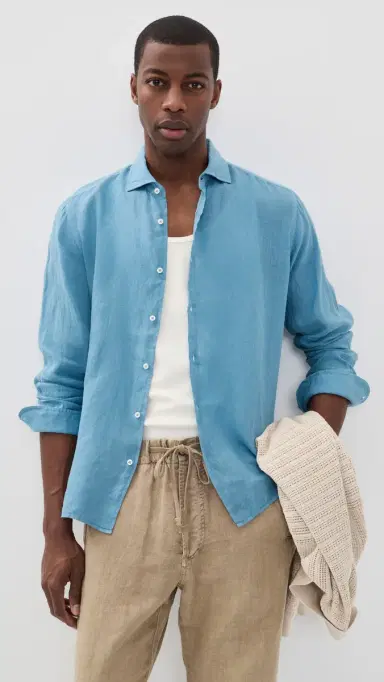Fedeli Nick Linen Button Down Shirt Denim Blue | Thumbnail 2 Fedeli Nick Linen Button Down Shirt Denim Blue | Thumbnail 2