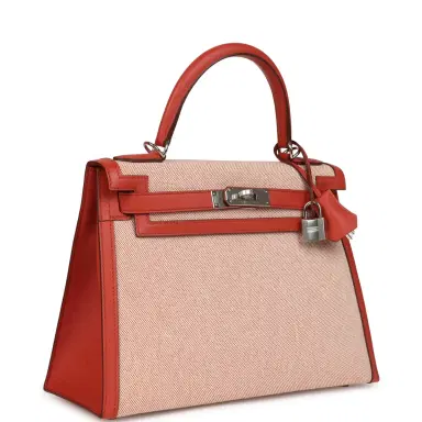 HERMÈS Hermes Kelly Sellier 28 Sanguine Swift and Ecru-Sanguine Toile H Canvas Palladium Hardware | Thumbnail 2 HERMÈS Hermes Kelly Sellier 28 Sanguine Swift and Ecru-Sanguine Toile H Canvas Palladium Hardware | Thumbnail 2