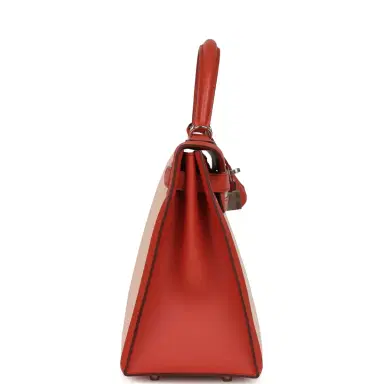 HERMÈS Hermes Kelly Sellier 28 Sanguine Swift and Ecru-Sanguine Toile H Canvas Palladium Hardware | Thumbnail 3 HERMÈS Hermes Kelly Sellier 28 Sanguine Swift and Ecru-Sanguine Toile H Canvas Palladium Hardware | Thumbnail 3