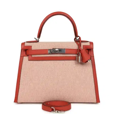 HERMÈS Hermes Kelly Sellier 28 Sanguine Swift and Ecru-Sanguine Toile H Canvas Palladium Hardware | Thumbnail 1 HERMÈS Hermes Kelly Sellier 28 Sanguine Swift and Ecru-Sanguine Toile H Canvas Palladium Hardware | Thumbnail 1