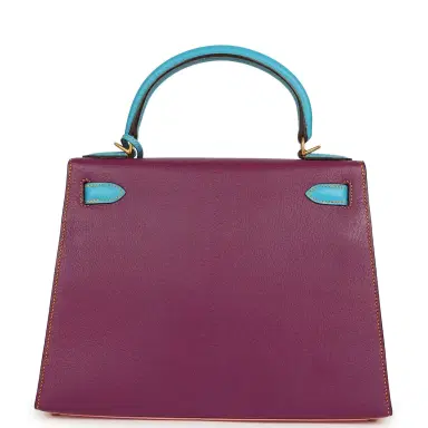 HERMÈS Pre-owned Hermes Special Order (HSS) Kelly Sellier 28 Rose Confetti, Anemone and Bleu Aztec Chevre Mysore Brushed Gold Hardware | Thumbnail 4 HERMÈS Pre-owned Hermes Special Order (HSS) Kelly Sellier 28 Rose Confetti, Anemone and Bleu Aztec Chevre Mysore Brushed Gold Hardware | Thumbnail 4