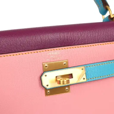 HERMÈS Pre-owned Hermes Special Order (HSS) Kelly Sellier 28 Rose Confetti, Anemone and Bleu Aztec Chevre Mysore Brushed Gold Hardware | Thumbnail 7 HERMÈS Pre-owned Hermes Special Order (HSS) Kelly Sellier 28 Rose Confetti, Anemone and Bleu Aztec Chevre Mysore Brushed Gold Hardware | Thumbnail 7