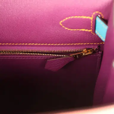HERMÈS Pre-owned Hermes Special Order (HSS) Kelly Sellier 28 Rose Confetti, Anemone and Bleu Aztec Chevre Mysore Brushed Gold Hardware | Thumbnail 9 HERMÈS Pre-owned Hermes Special Order (HSS) Kelly Sellier 28 Rose Confetti, Anemone and Bleu Aztec Chevre Mysore Brushed Gold Hardware | Thumbnail 9