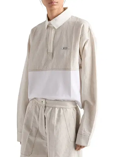 Prada Women's Chambray and Jersey Polo Shirt - Beige Khaki | Thumbnail 2 Prada Women's Chambray and Jersey Polo Shirt - Beige Khaki | Thumbnail 2