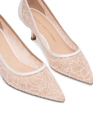 Stuart Weitzman Women's Stuart Power 50MM Floral Lace Kitten-Heel Pumps - Beige And Blanco | Thumbnail 4 Stuart Weitzman Women's Stuart Power 50MM Floral Lace Kitten-Heel Pumps - Beige And Blanco | Thumbnail 4