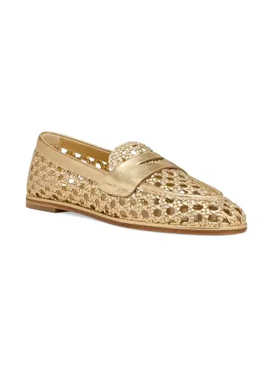 Stuart Weitzman Women's Spencer Open-Knit Leather Penny Loafers - Golden | Thumbnail 2 Stuart Weitzman Women's Spencer Open-Knit Leather Penny Loafers - Golden | Thumbnail 2