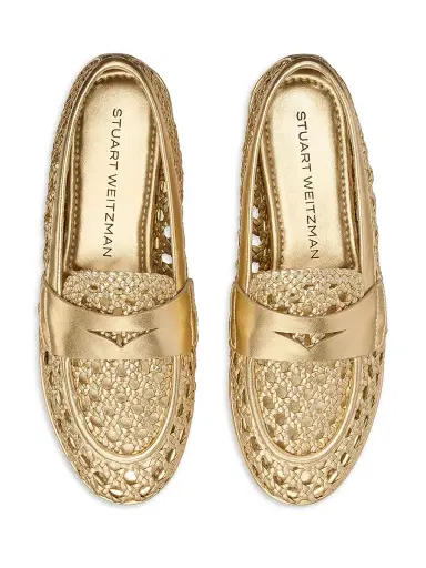 Stuart Weitzman Women's Spencer Open-Knit Leather Penny Loafers - Golden | Thumbnail 4 Stuart Weitzman Women's Spencer Open-Knit Leather Penny Loafers - Golden | Thumbnail 4