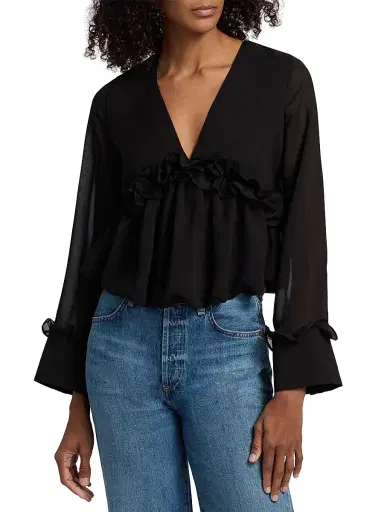 Kika Vargas Women's Cynthi Ruffled-Trim Semi-Sheer Blouse - Black - Size 10 | Thumbnail 3 Kika Vargas Women's Cynthi Ruffled-Trim Semi-Sheer Blouse - Black - Size 10 | Thumbnail 3