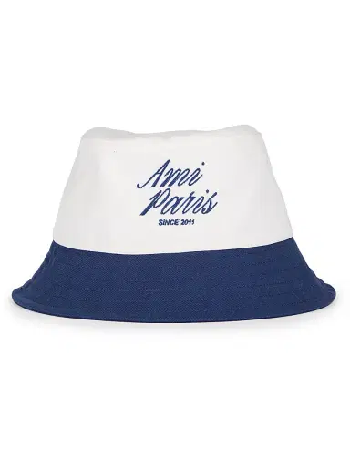 AMI Paris Men's Script Logo Bi-Color Canvas Bucket Hat - Encre Blanc Creme | Thumbnail 1 AMI Paris Men's Script Logo Bi-Color Canvas Bucket Hat - Encre Blanc Creme | Thumbnail 1