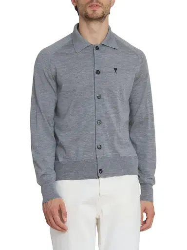 AMI Paris Men's Collared Wool Cardigan - Gris Chine Noir | Thumbnail 3 AMI Paris Men's Collared Wool Cardigan - Gris Chine Noir | Thumbnail 3