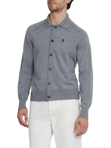 AMI Paris Men's Collared Wool Cardigan - Gris Chine Noir | Thumbnail 4 AMI Paris Men's Collared Wool Cardigan - Gris Chine Noir | Thumbnail 4