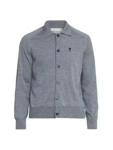 AMI Paris Men's Collared Wool Cardigan - Gris Chine Noir | Thumbnail 1 AMI Paris Men's Collared Wool Cardigan - Gris Chine Noir | Thumbnail 1